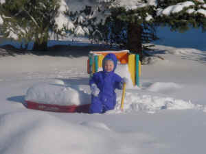 Struggling through the flakes, The Ambassador greets the honorable Radio Flyer.